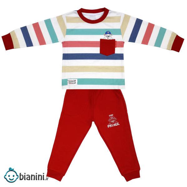 ست تی شرت و شلوار پسرانه طرح راه راه کد 3089 رنگ قرمز