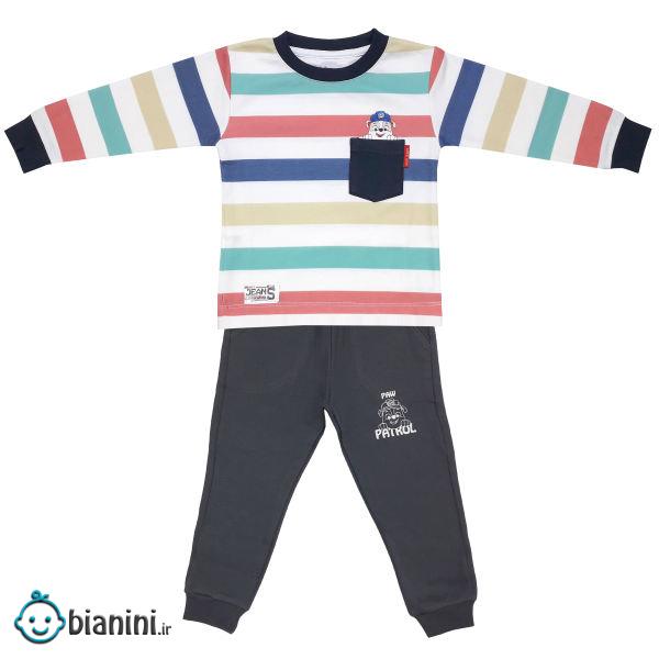 ست تی شرت و شلوار پسرانه طرح راه راه کد 3087 رنگ نوک مدادی