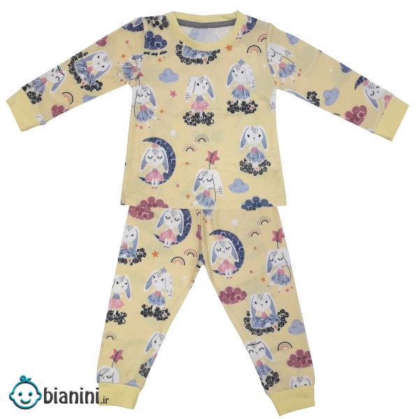 ست تی شرت و شلوار دخترانه طرح خرگوش و ماه کد 3129 رنگ زرد