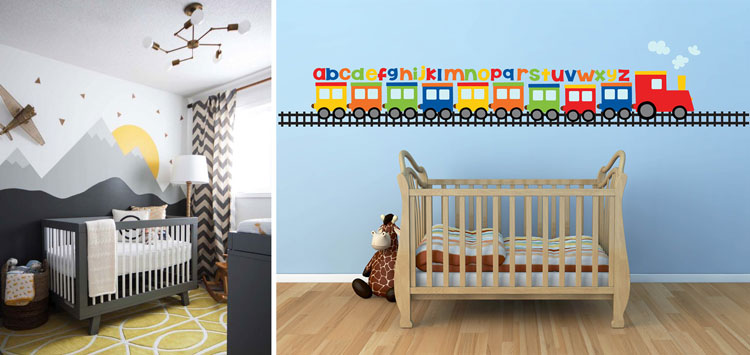 استفاده از استیکر و تغییر رنگ دیوار در تزیین دیوار کنار تخت کودک موثر است