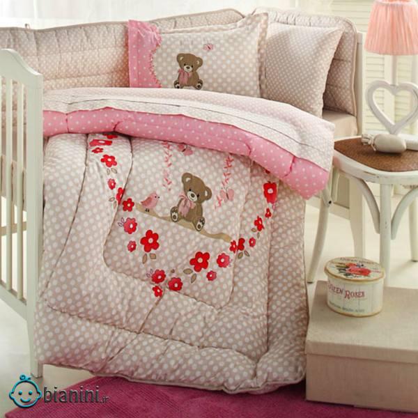 سرویس لحاف 8 تکه خواب نوزاد ازدیلک سری رنفورس گلدوزی و تکه دوزی طرح Heart bear