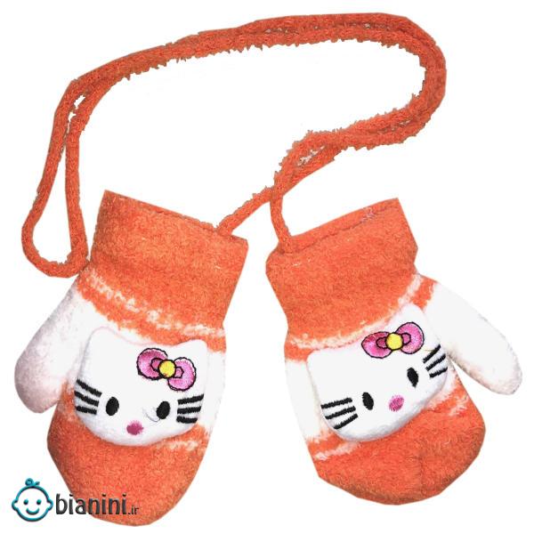 دستکش بافتنی نارنجي مدل KITTY 04 مناسب نوزادان