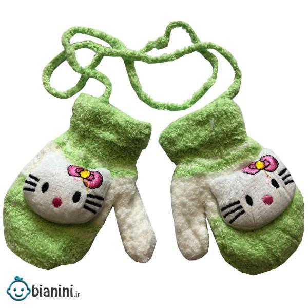 دستکش بافتنی کودک سبز روشن مدل KITTY مناسب نوزادان دستکش بافتنی کودک سبز روشن مدل KITTY مناسب نوزادان