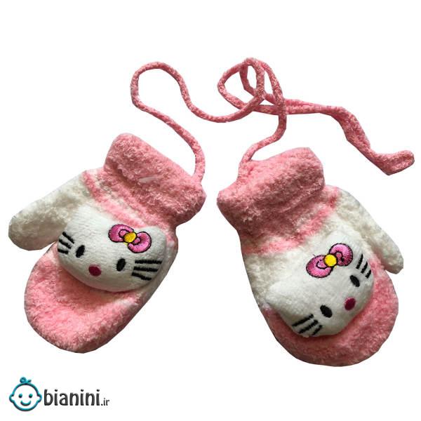 دستکش بافتنی کودک صورتی روشن مدل KITTY مناسب نوزادان