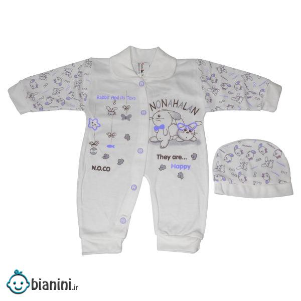 ست سرهمی و کلاه نوزادی مدل H3512-BL طرح خرگوش